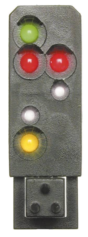 A toy traffic light with four lights in red, yellow and green.