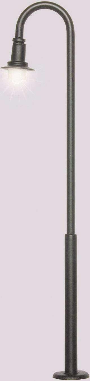 A simple, black street lamp with a curved neck, casting light downwards.