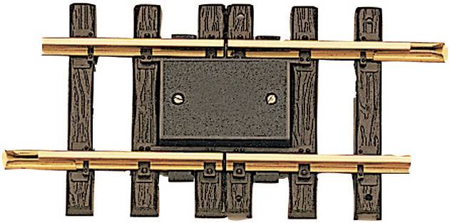 Model railway track made of plastic and metal. It shows a short section of track with a wood-effect finish for model railway landscapes.
