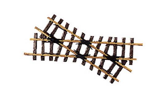A junction of two model railway wooden tracks, intersecting in the middle and slightly inclining to the right.