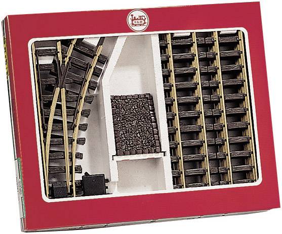 Model railway track set in a red package, with straight and curved rails, suitable for hobby model railways.