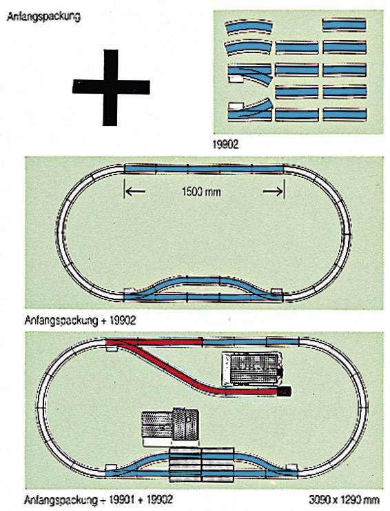 Track Configuration for Model Railway: Upper figure shows basic layout, lower figures display extensions with dimensions and supplementary packages.