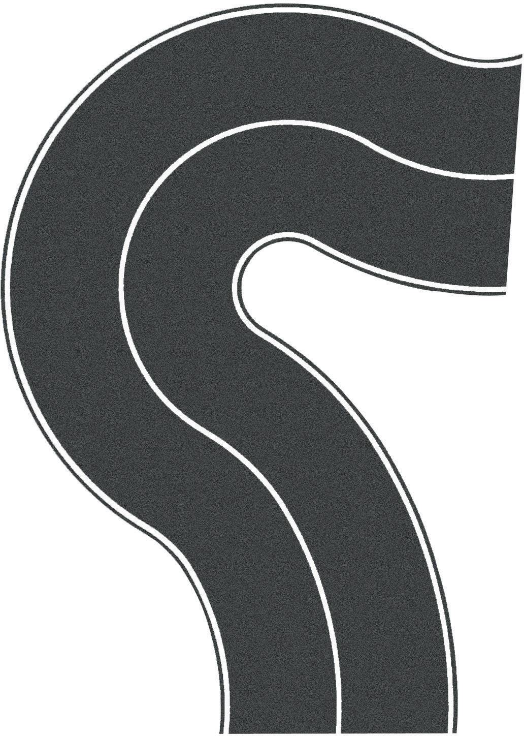 A black and grey, winding road with white lane markings, curving round.