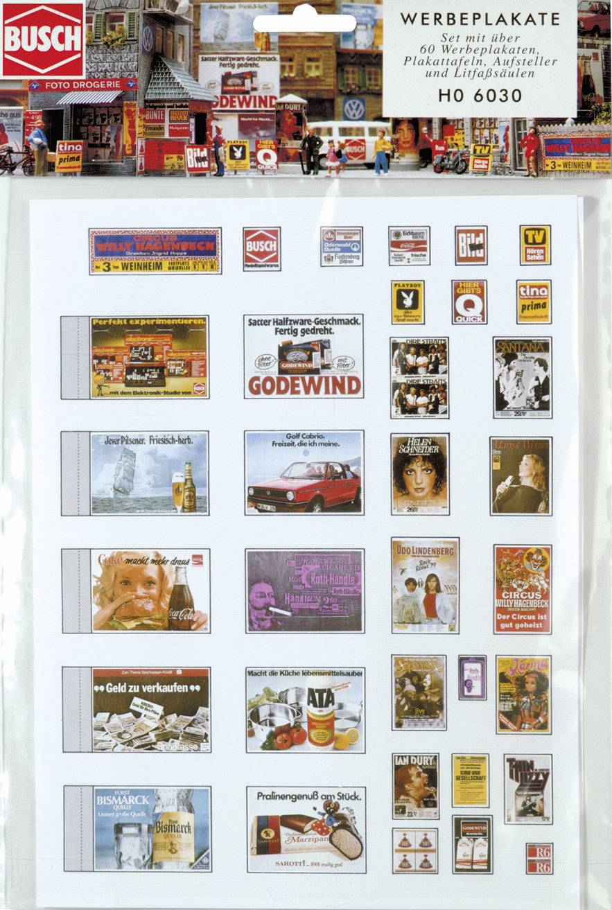 A set of 50 advertising posters at a scale of 1:87, including adverts for beer, cars and food, suitable for model railways.