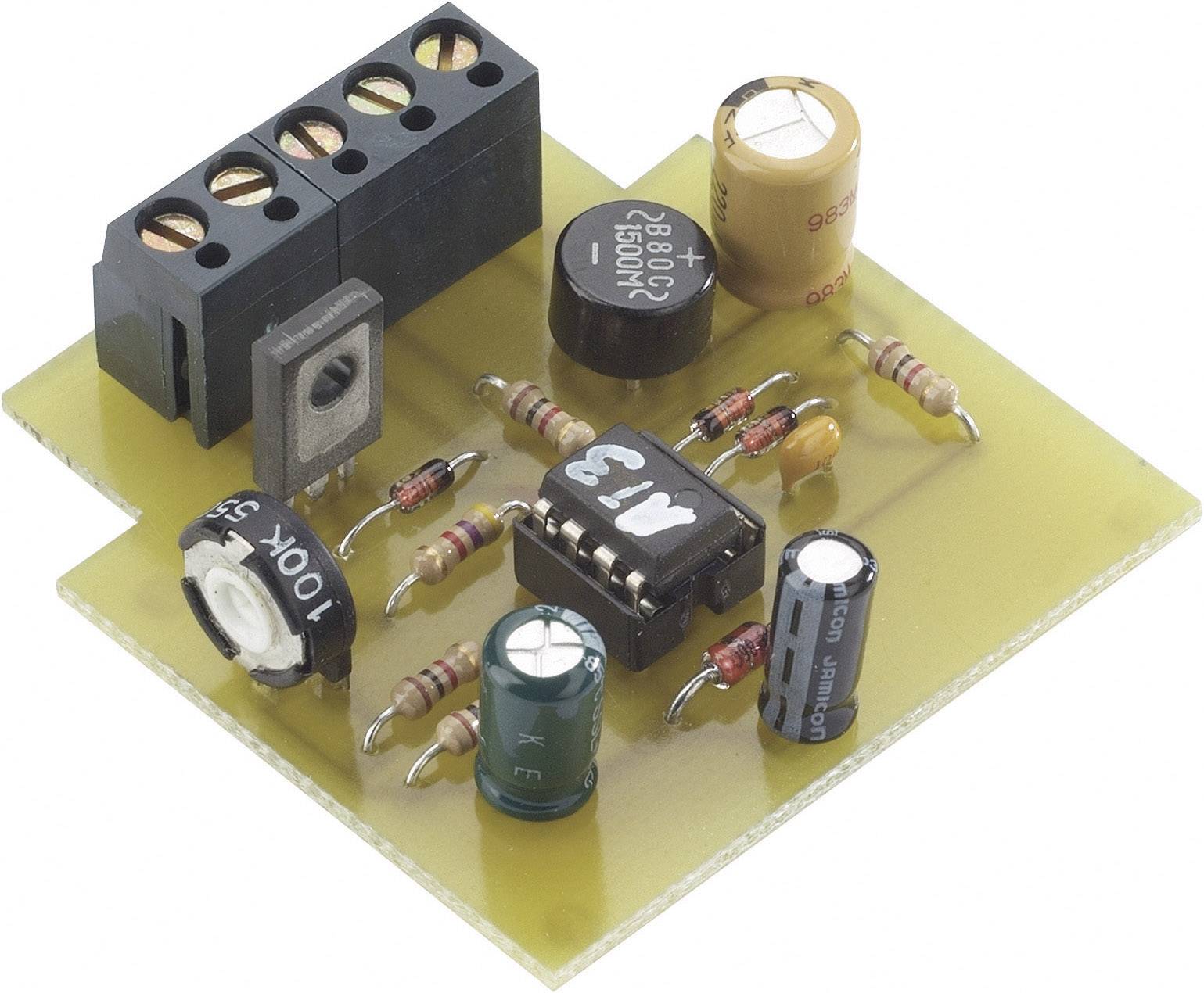 Printed circuit board with electronic components such as resistors, capacitors, and an integrated circuit, viewed from above.