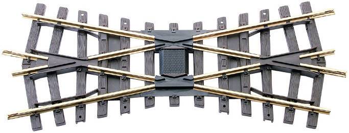 Crossing of a model railway track with six track pieces intersecting at the centre. Suitable for model railway layouts.
