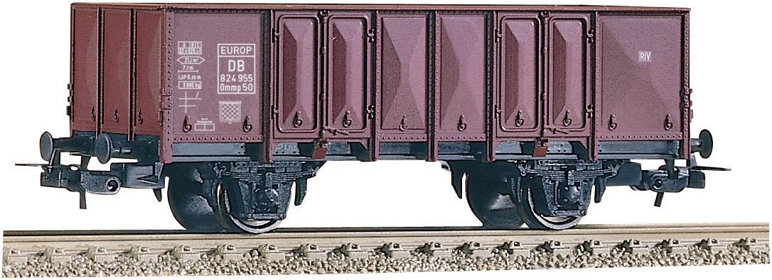Open freight wagon of Deutsche Bahn on railway tracks, side view. The wagon is brown and has markings on its side.