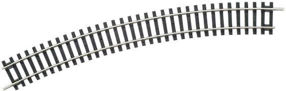 A curved model railway track piece, slightly curved upwards to the right, allows model trains to negotiate curves.