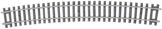 Curved model railway track with a smooth, even curve, consisting of metal rails and plastic sleepers.