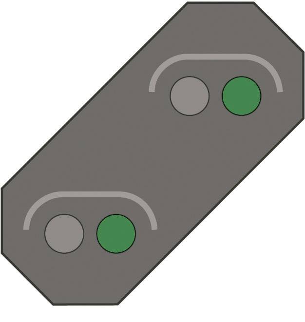 Grey, octagonal shield with two green and two grey dots; symbolises traffic or control signage.