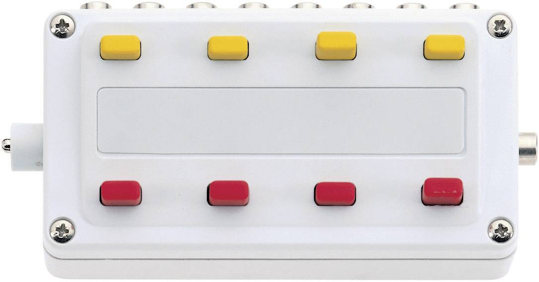 An electronic device with nine yellow and red buttons on the top surface and socket connections on the sides.