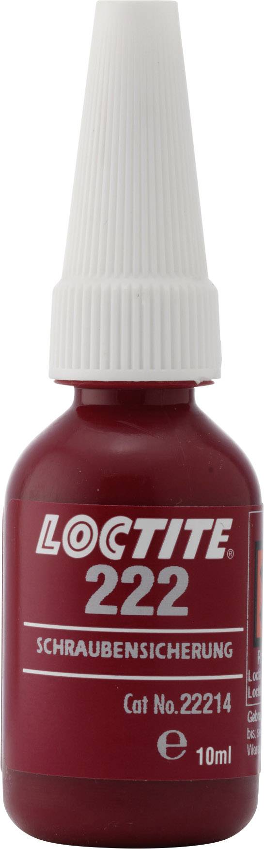 Red bottle with white cap, labelled 'Loctite 222 Threadlocker', 10 ml contents.