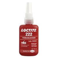 Red bottle with the inscription 'Loctite 222' and 'Threadlocker', a thread-locking adhesive. Contains 50 ml, suitable for small screws.