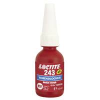 A red bottle with the inscription 'Loctite 243 Threadlocker Medium Strength'. Contains 10 ml of liquid.