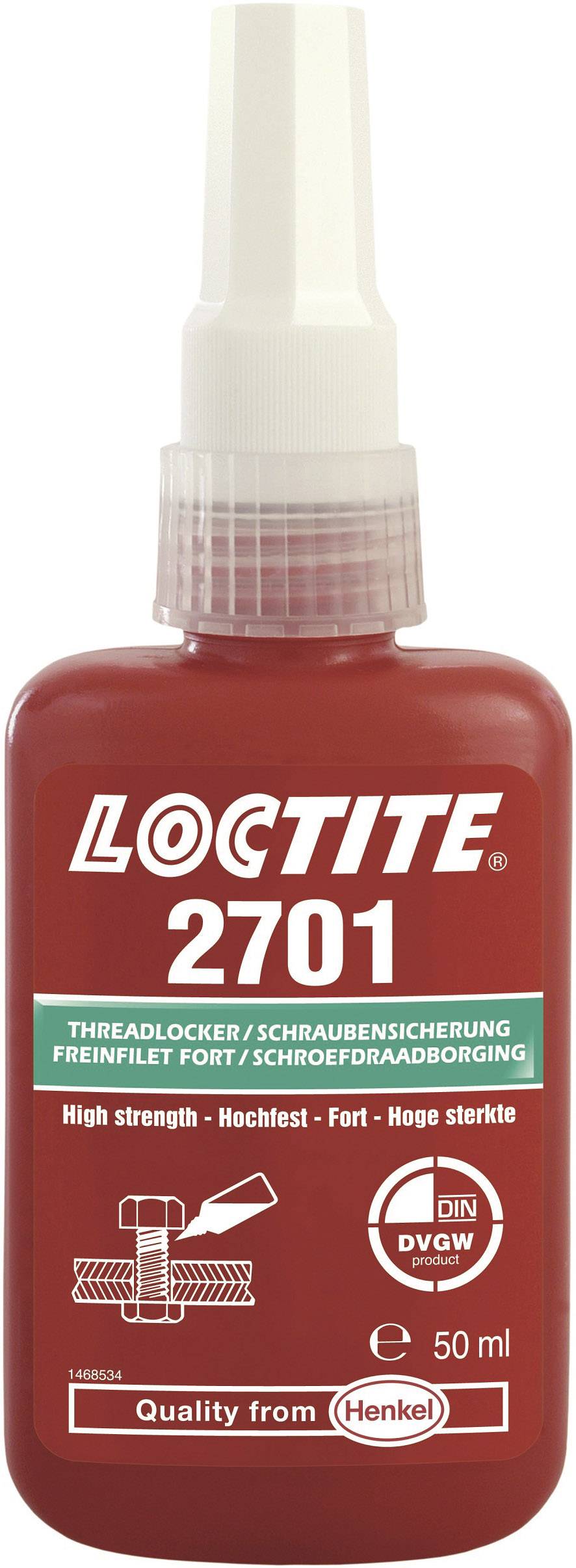 Red Bottle Loctite 2701 Threadlocker, 50 ml. Label shows 'Highest Strength' and a symbol for secured screws.