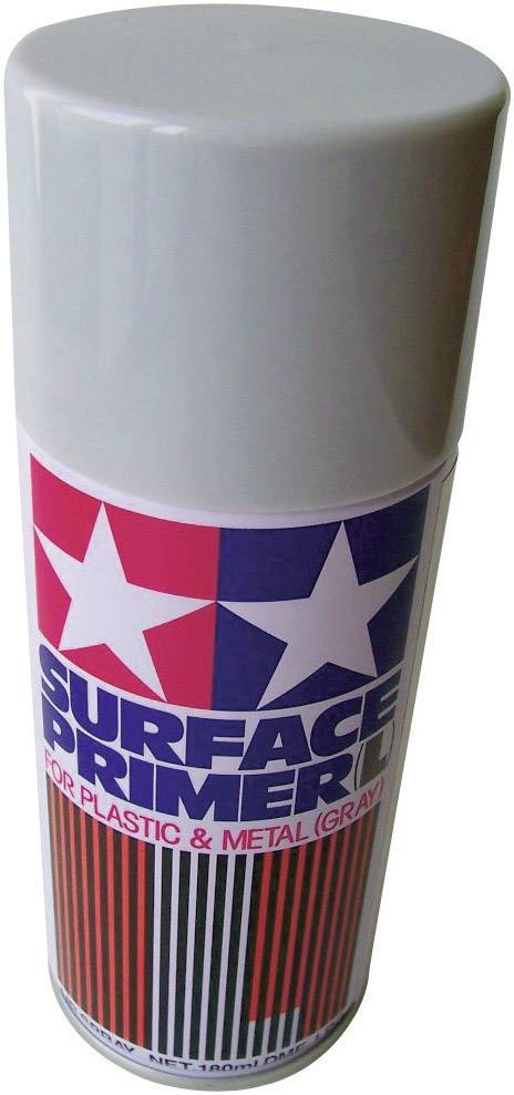 Spray can with label 'Surface Primer for Plastic and Metal (Grey)'. Contains 180 ml of primer.