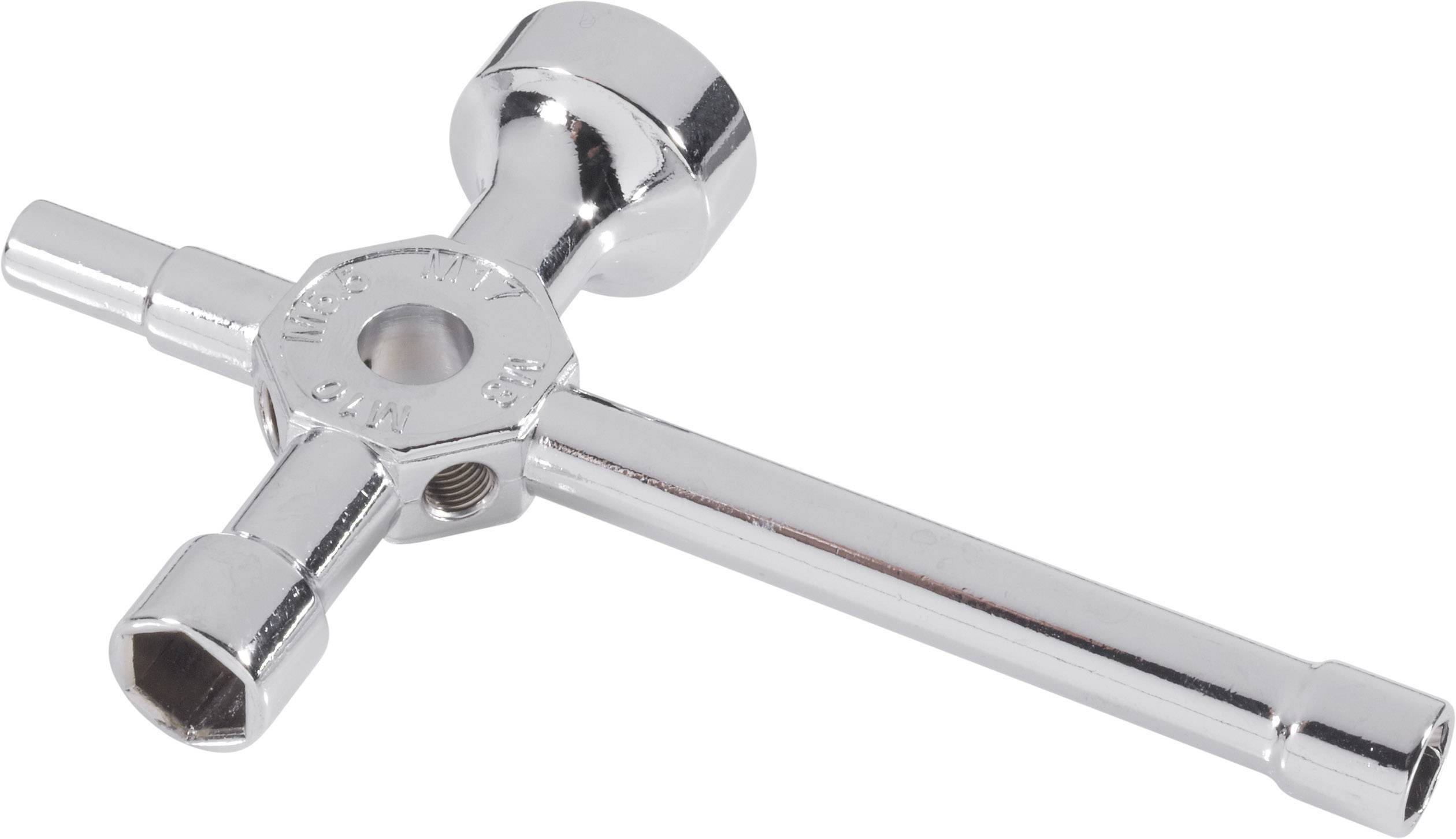 A silver plug socket key with four different plug sockets.