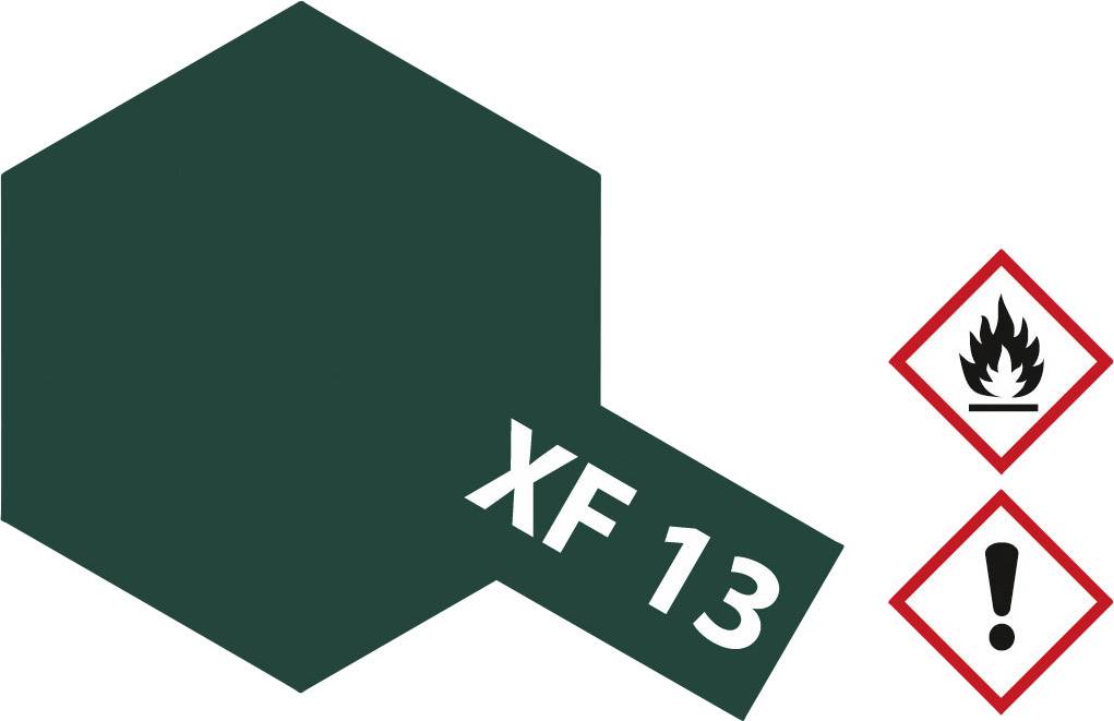 A dark green colour sample labelled 'XF 13'. Beside the sample are warning symbols for flammability and general hazard.