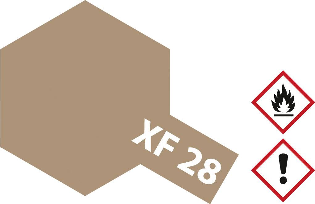 Hexagon in beige with the inscription 'XF 28' on the left, two hazard symbols: flame and exclamation mark on the right side.