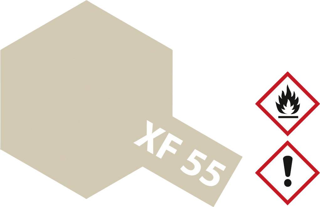 Hexagon in beige with 'XF 55'. Two hazard symbols: Flame (flammable) and exclamation mark (warning) on a white background.