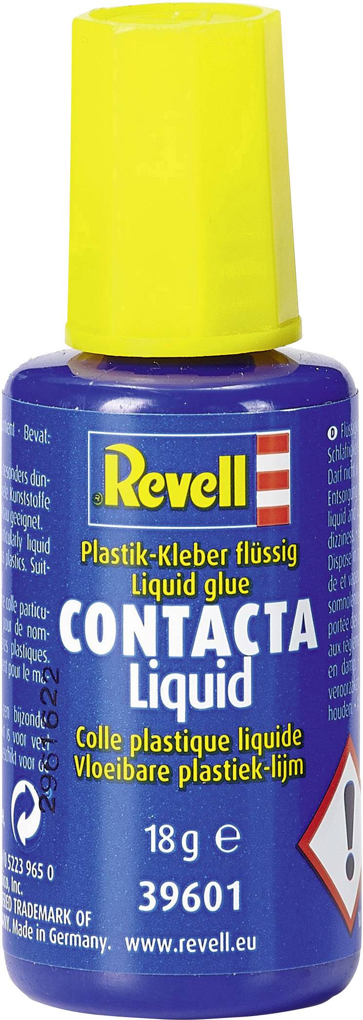 Revell Contact Adhesive Bottle with Yellow Cap. Contains: 18g Liquid Adhesive. Multilingual Label: 'Liquid Plastic Glue'.