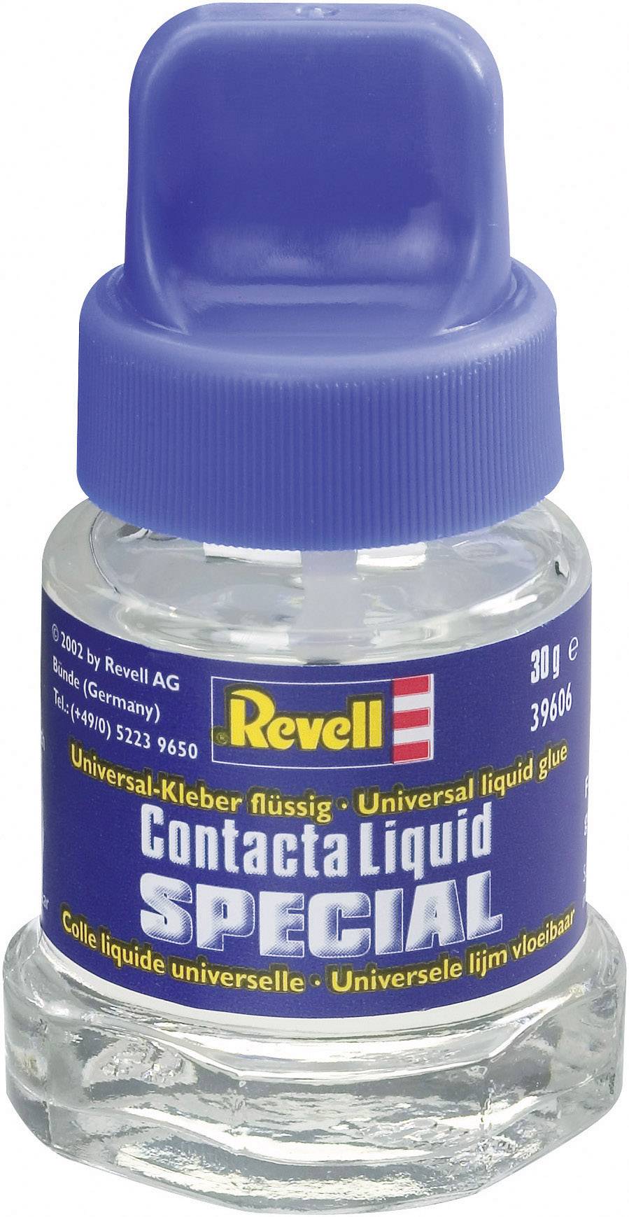 The image shows a bottle of Revell Contacta Liquid Special, a liquid universal adhesive with a blue lid and label.