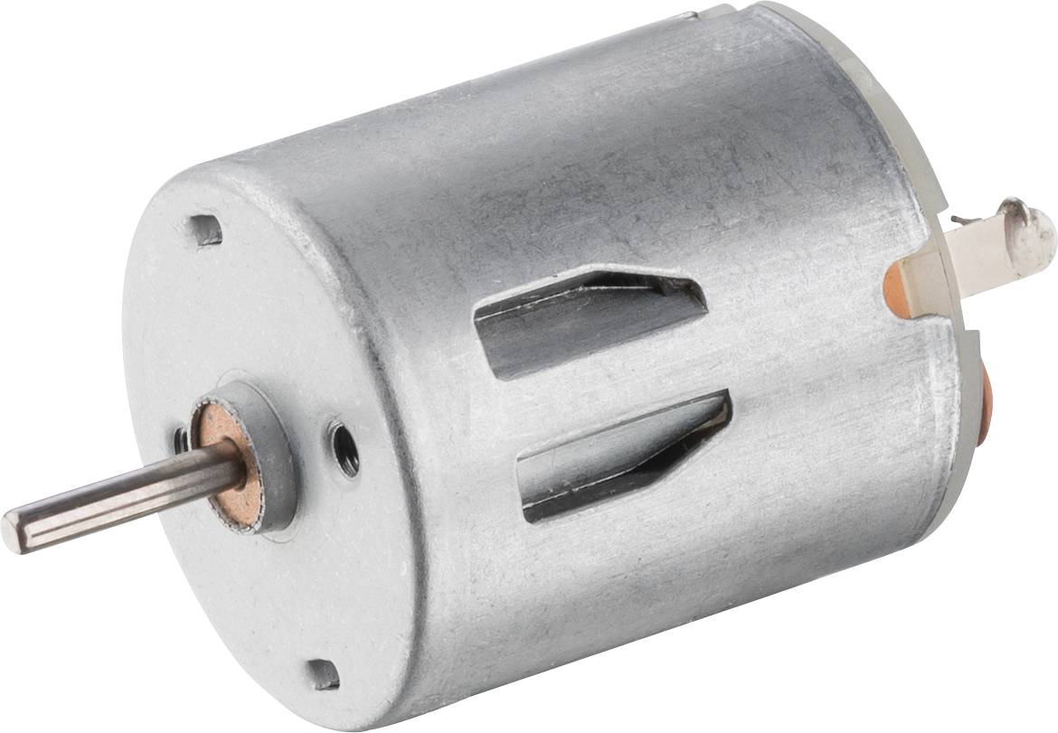 A small, cylindrical electric motor made of metal with a rotating shaft on the left side.
