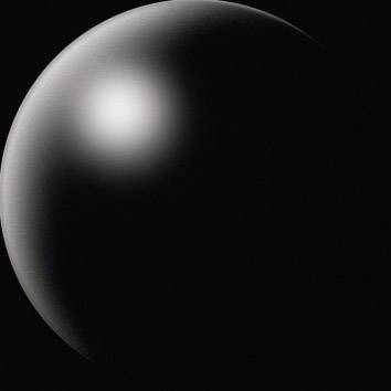 A black, glossy sphere with a reflective point of light against a dark background.