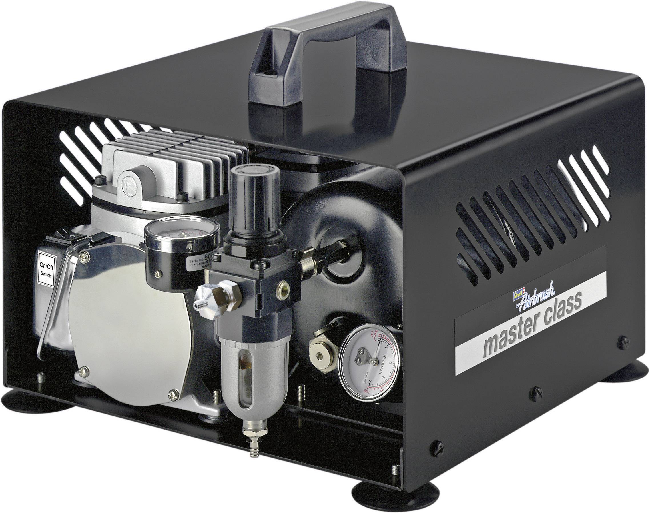 A black compressor by the brand 'Harder & Steenbeck', Model 'Master Class', with pressure gauge and air filter.