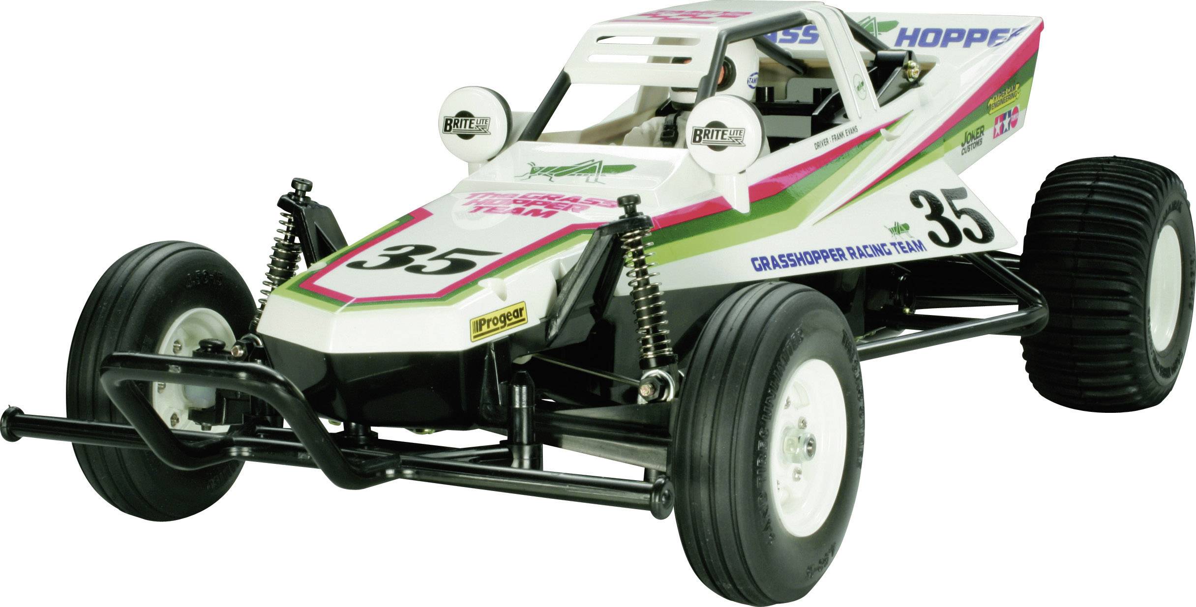 A white model buggy with the number '35' on its side, green and pink stripes, robust tyres and shock absorbers.