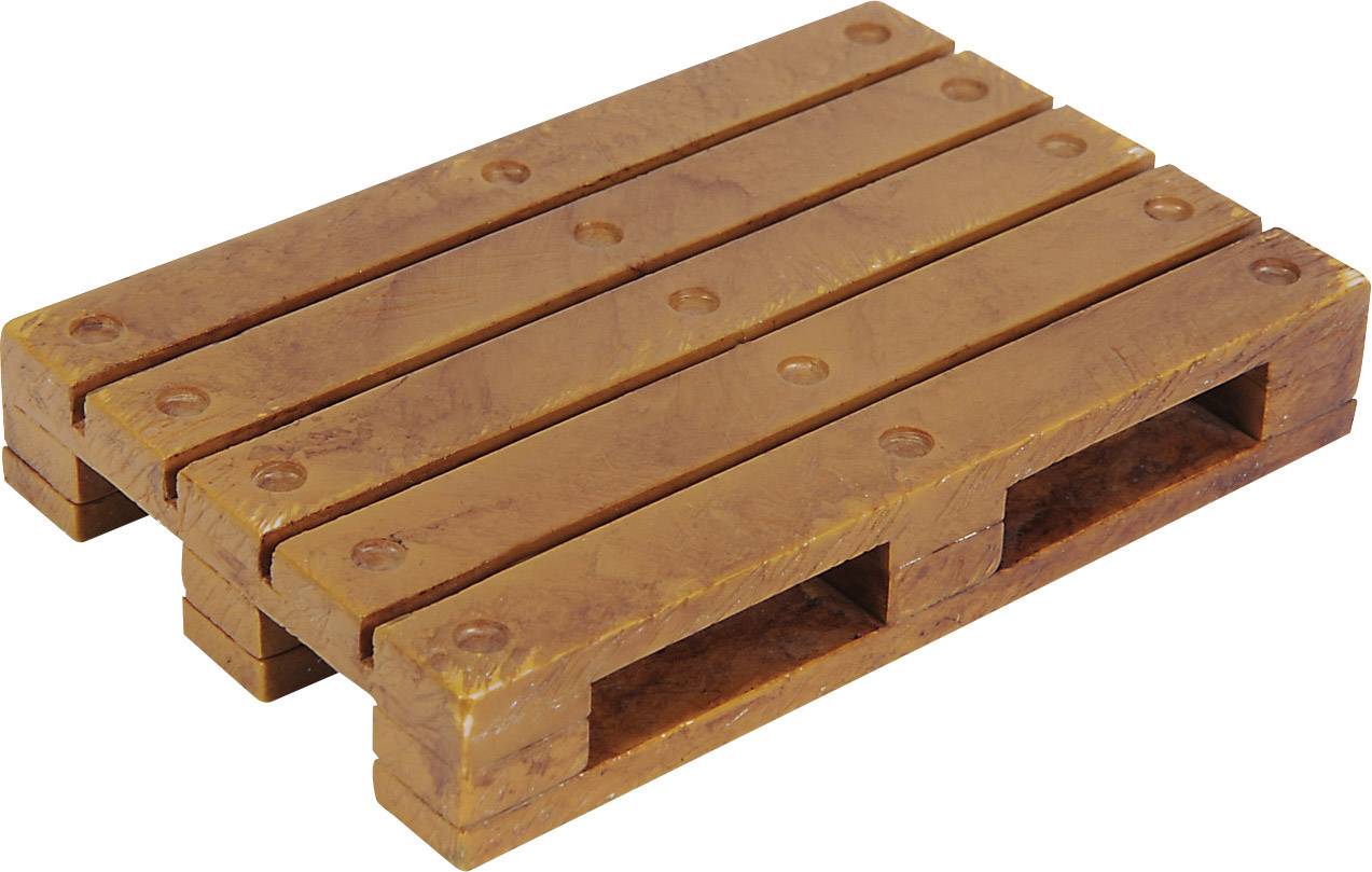 Small wooden pallet with four slats and two crossbars. Used for transporting goods, indicating functionality and design.