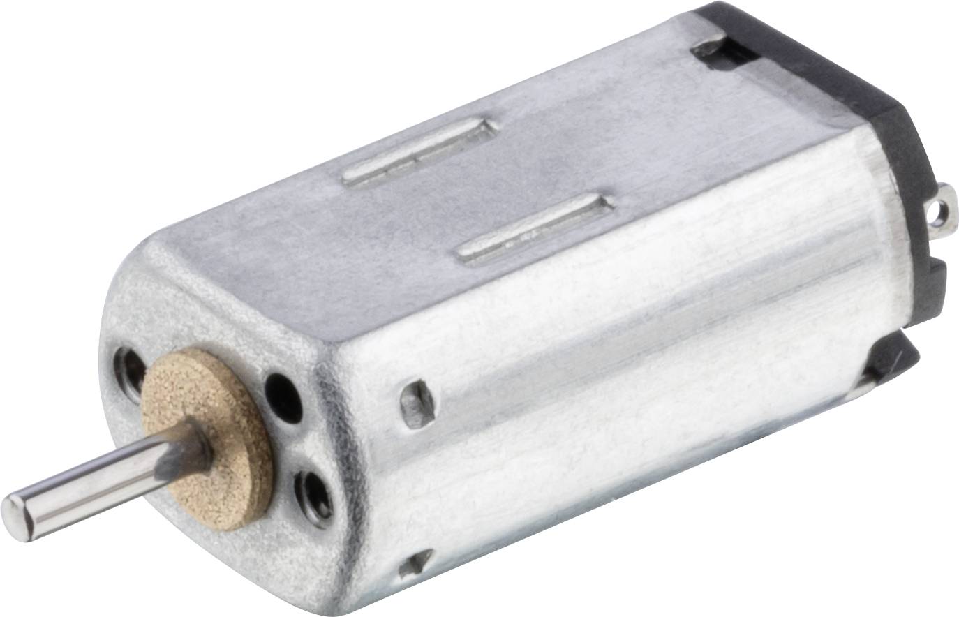 Small electric motor with metal casing and visible shaft extension, suitable for model making or small mechanical applications.
