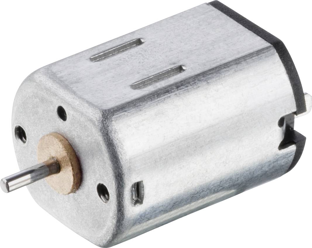 A small, cylindrical electric motor made of metal with a rotating shaft shows the front view of the device.