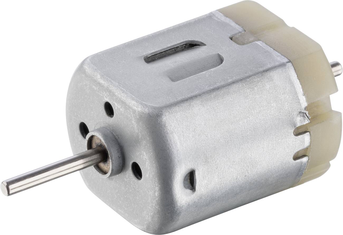 A small electric motor with a cylindrical casing and two electrical connections for power supply, commonly used in toys.
