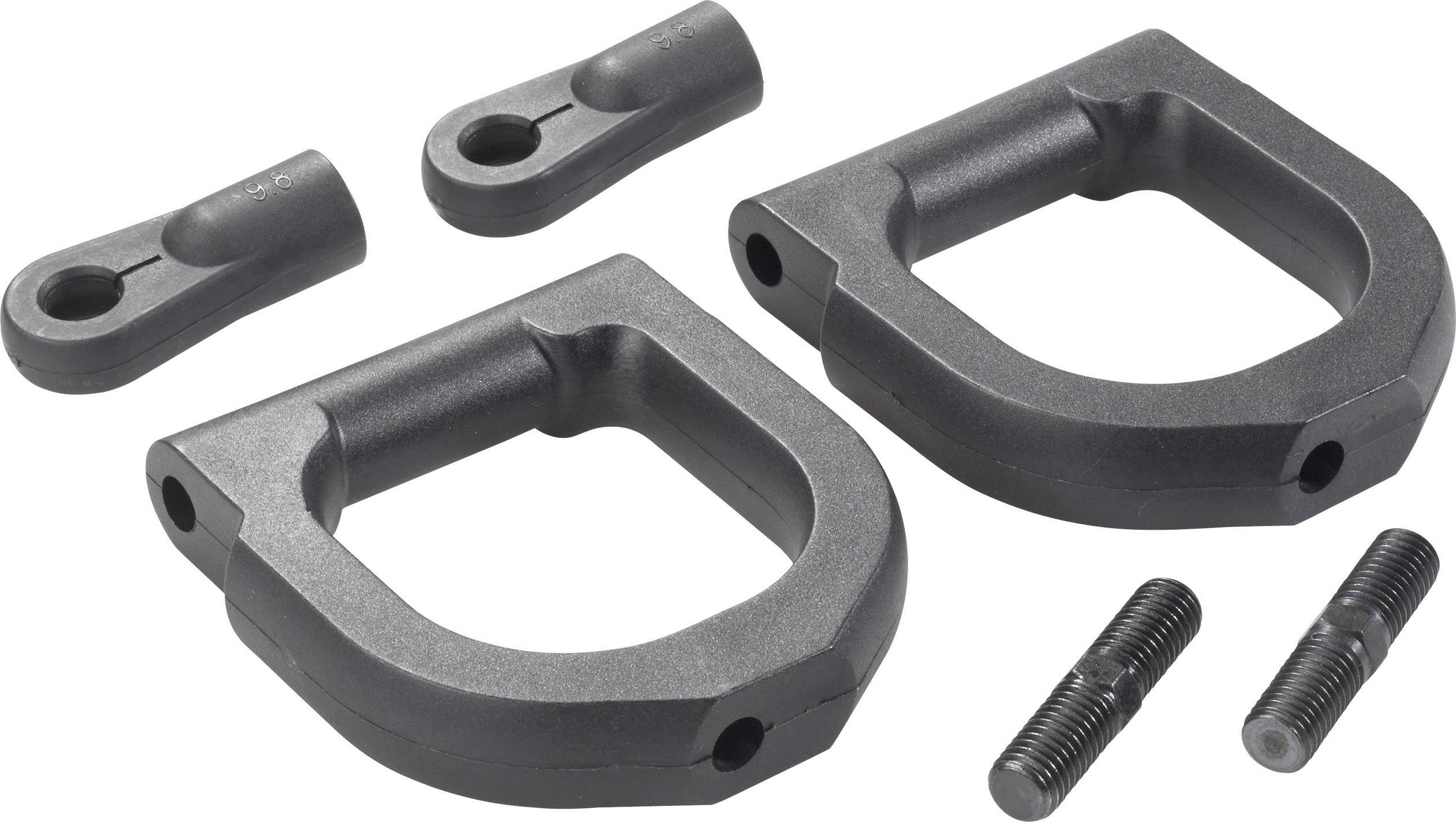 Black metal parts and screws of a connection mechanism, including two rectangular clamps and two cylindrical pins.