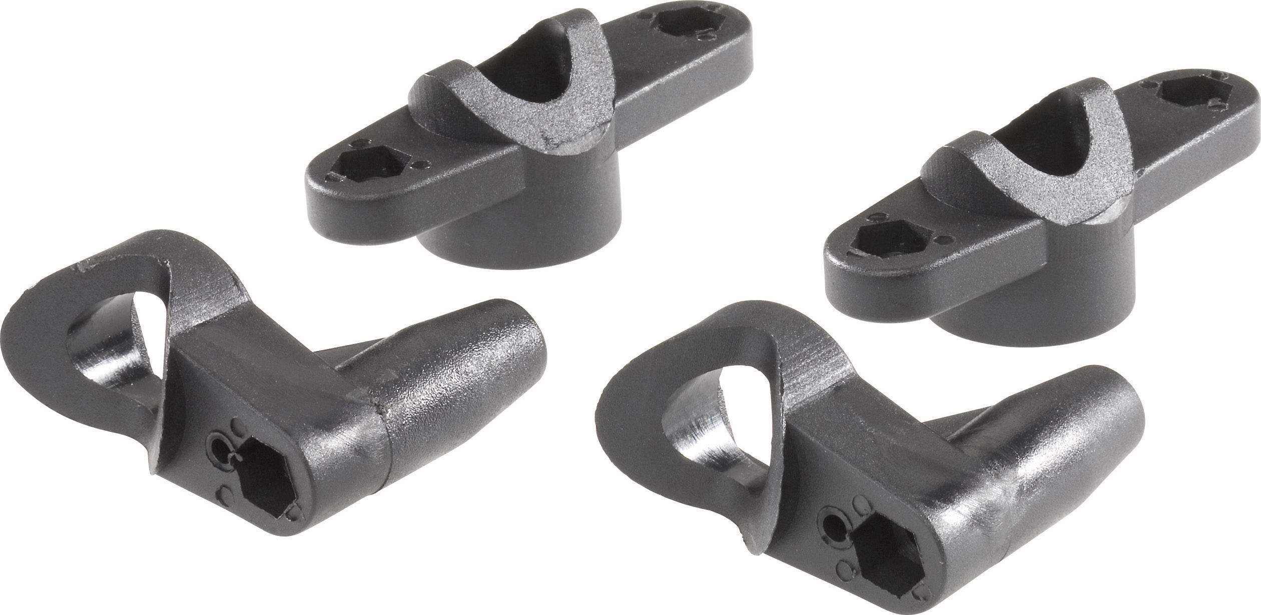 Four black plastic components with drill holes and mounting tabs, suitable for mechanical or industrial applications.
