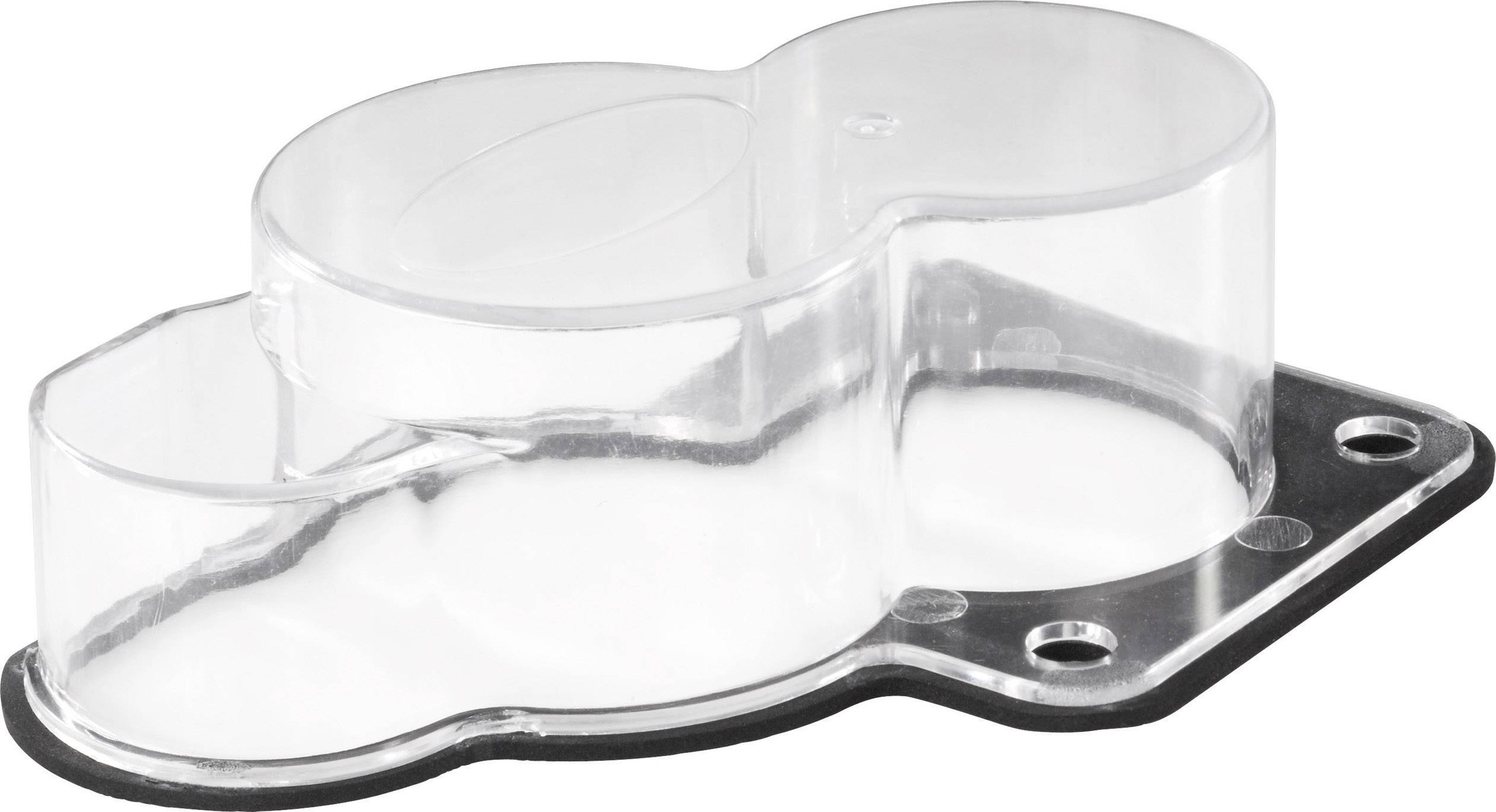Clear plastic container with a black base and rounded forms, suitable for covering or protecting small items.