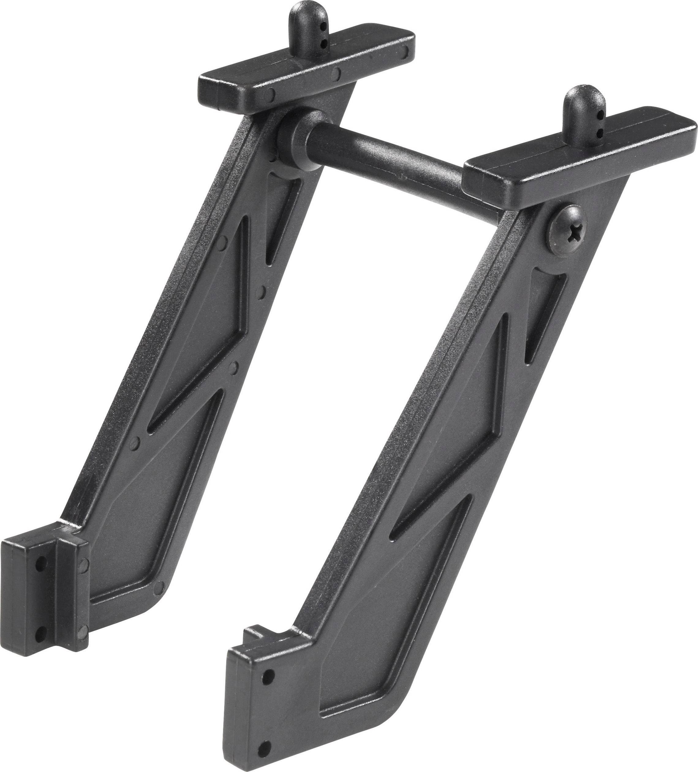 A black plastic speaker mount with two arms and a metal rod, suitable for wall mounting.