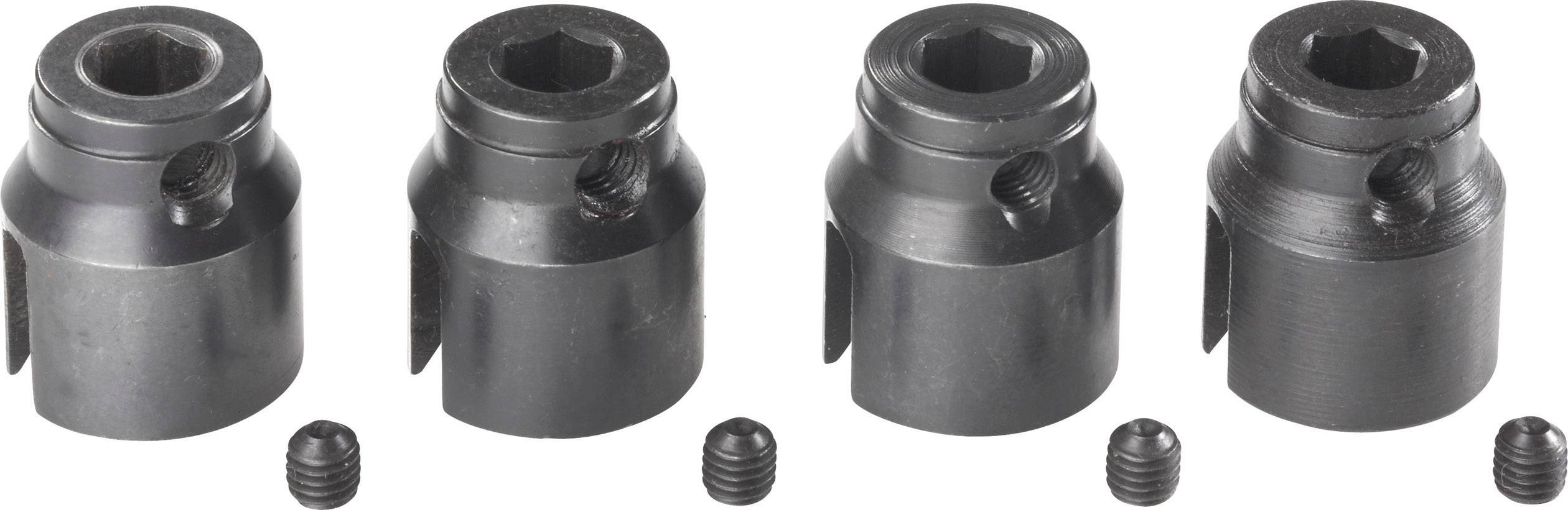 Four black metal adapters, each with a side screw, arranged evenly side by side. They are likely used for mounting.