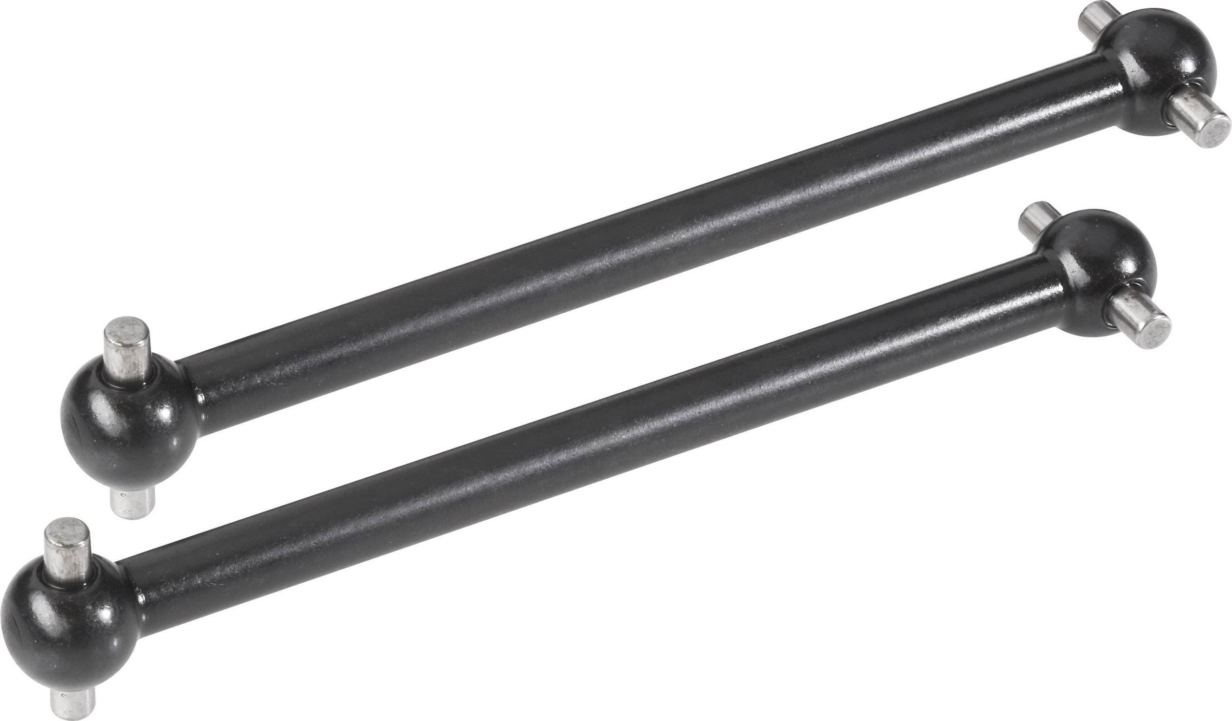 Two black metal axles with spherical ends and side pins, possibly components for remote-controlled vehicles.