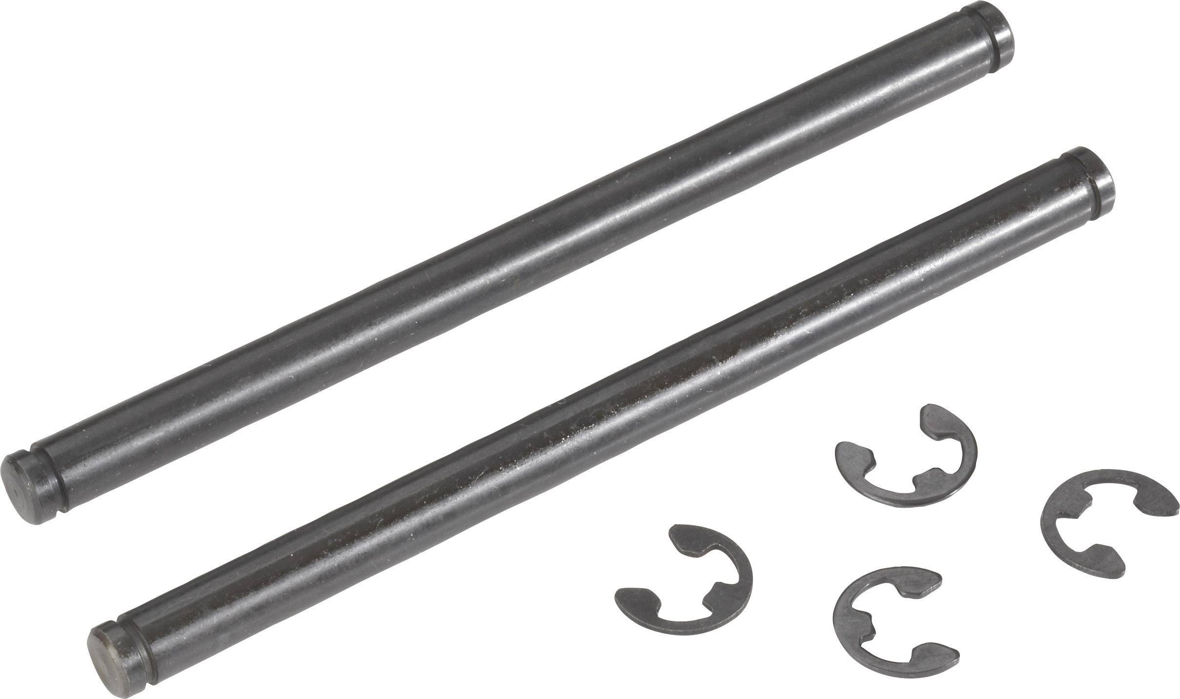 Two black metal rods with four small retaining rings. The components could be used for fastening or mounting in mechanical systems.