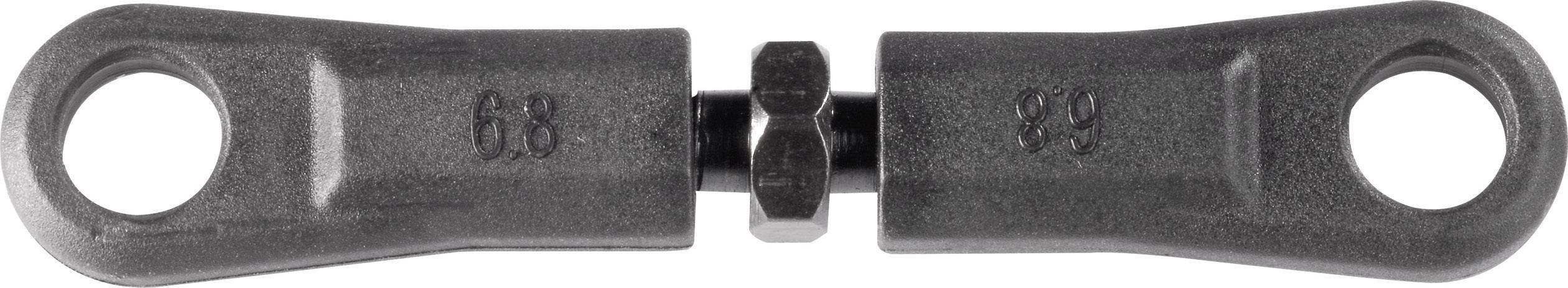 Metal hinge with pivot joint, dark grey colour, with through holes on left and right, central connecting bolt visible.