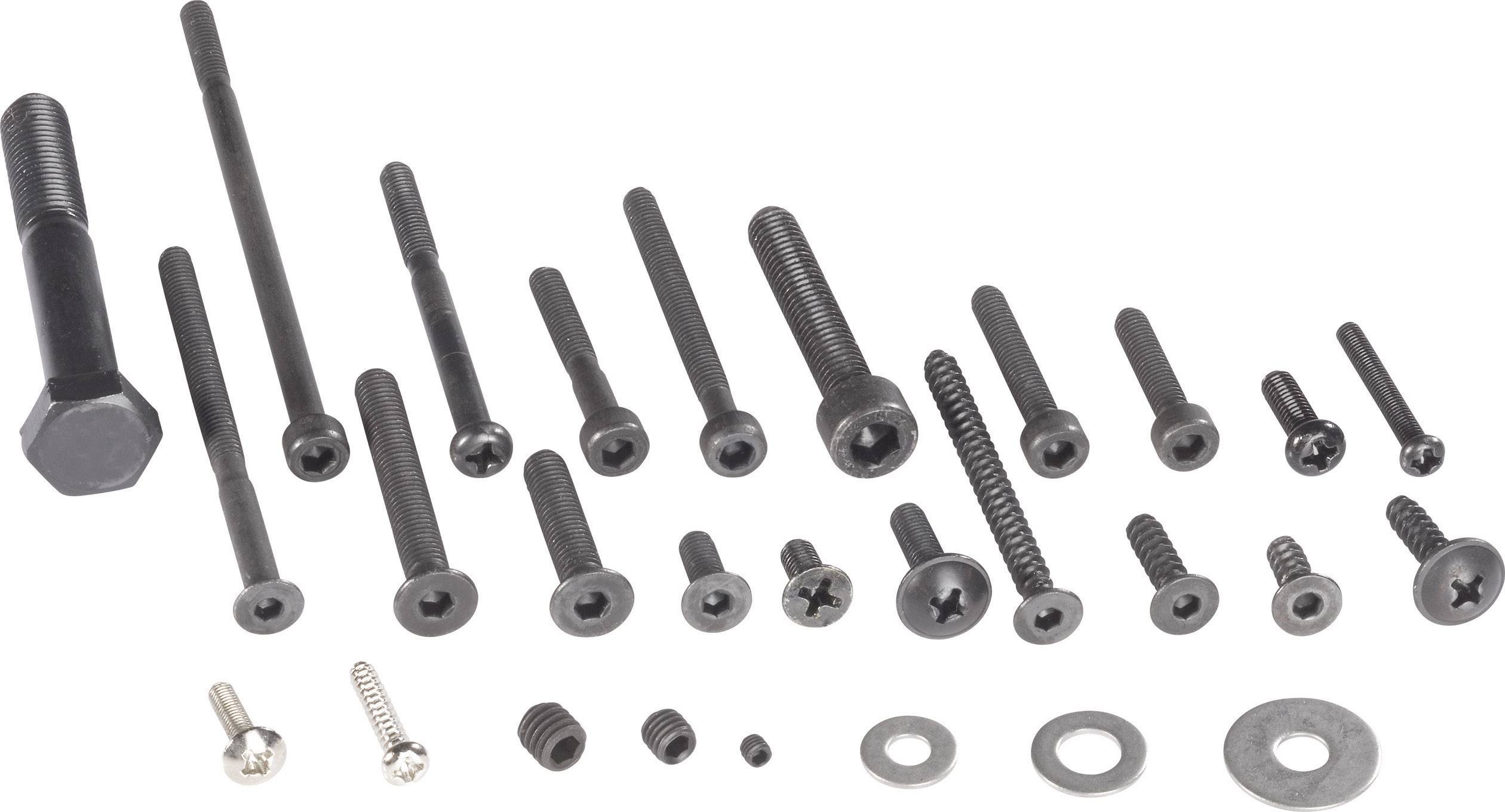 A variety of screws and nuts of different sizes and shapes, arranged from large to small, on a white background.