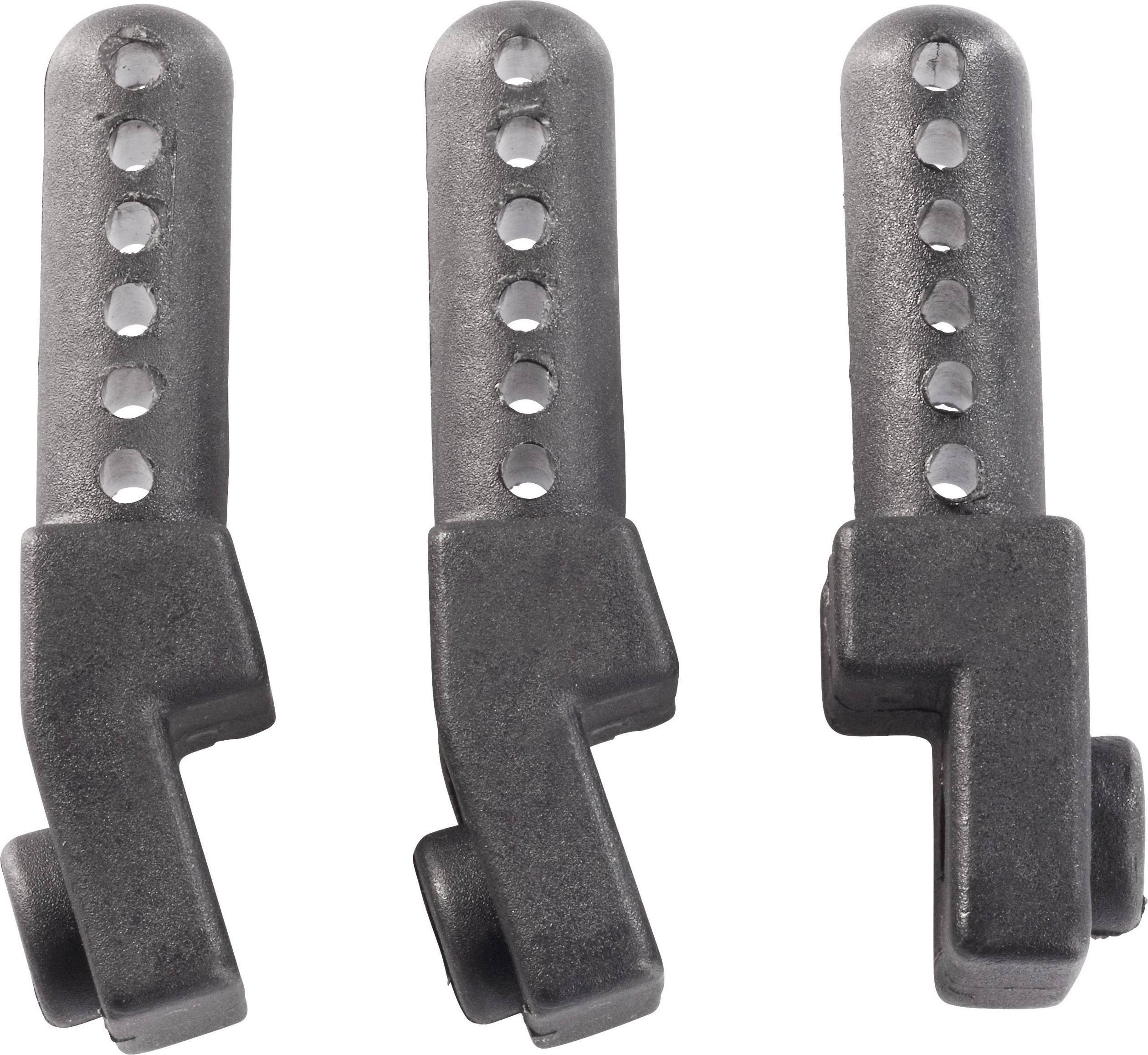 Three black metal parts with holes on a white surface. The parts are identically shaped and aligned parallel to one another.