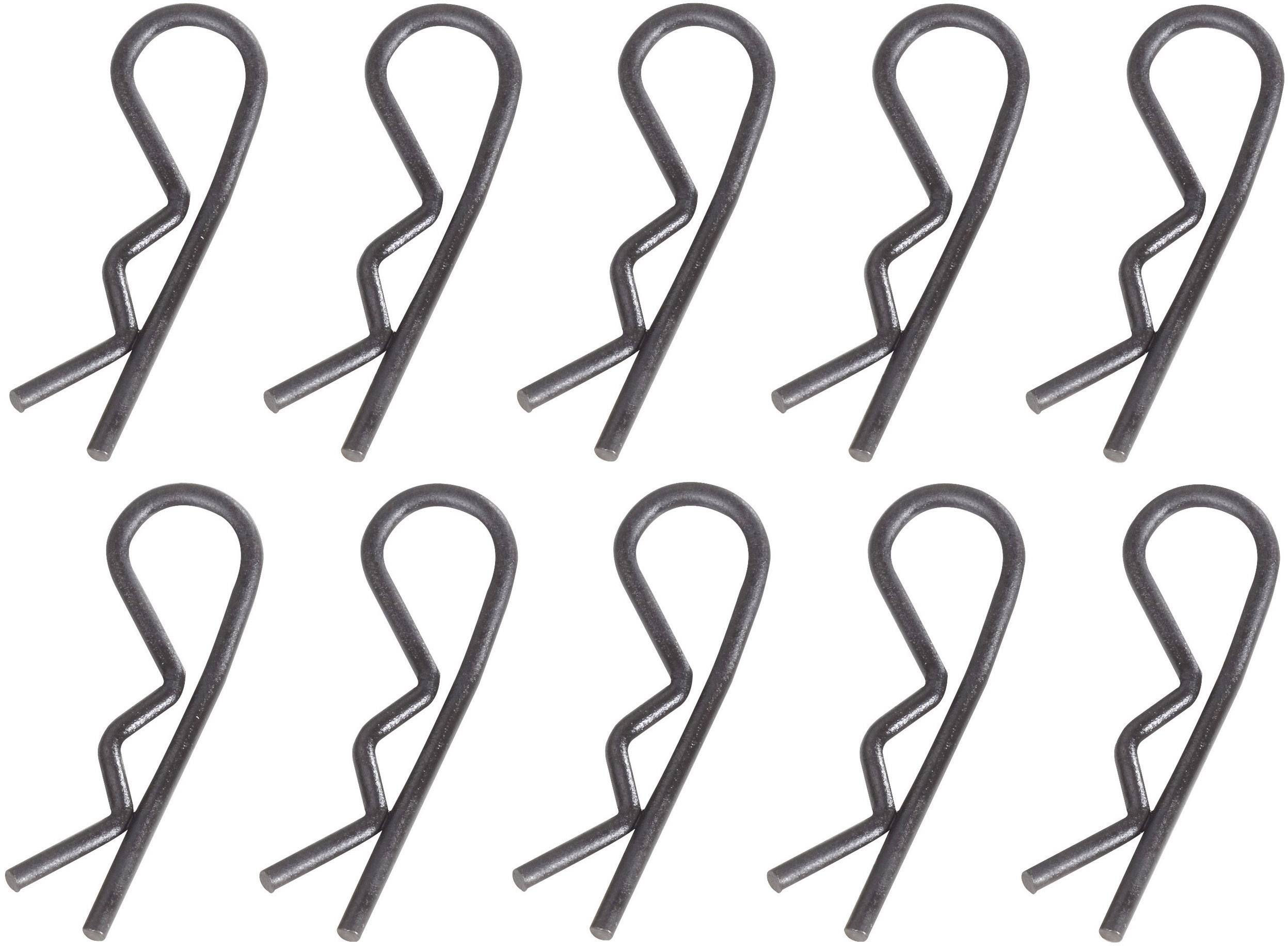 Ten metal R-split pins, evenly distributed. They are used to secure connections in mechanical applications.