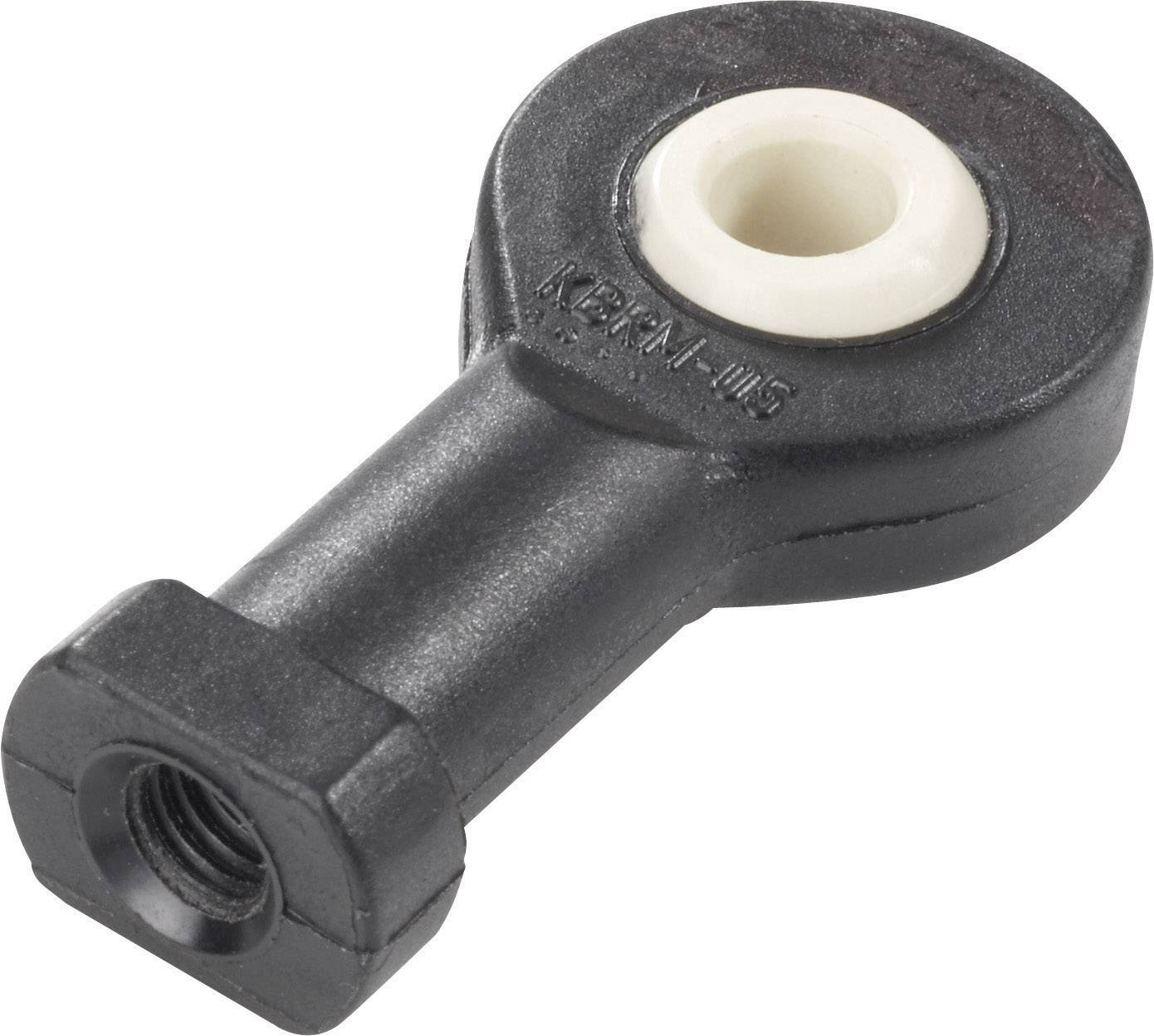 A black plastic ball joint with a centrally located white-coloured bush and a threaded connection at the end.