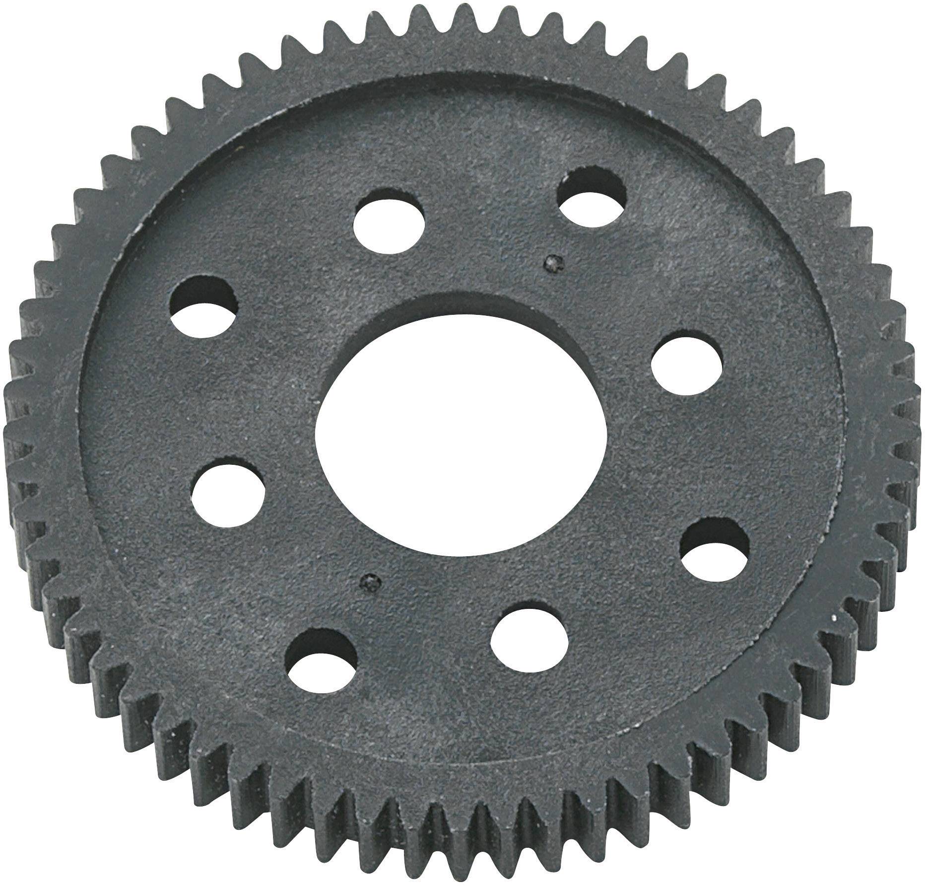 A black gear wheel with six evenly distributed holes. It is likely used in machines or mechanical systems.