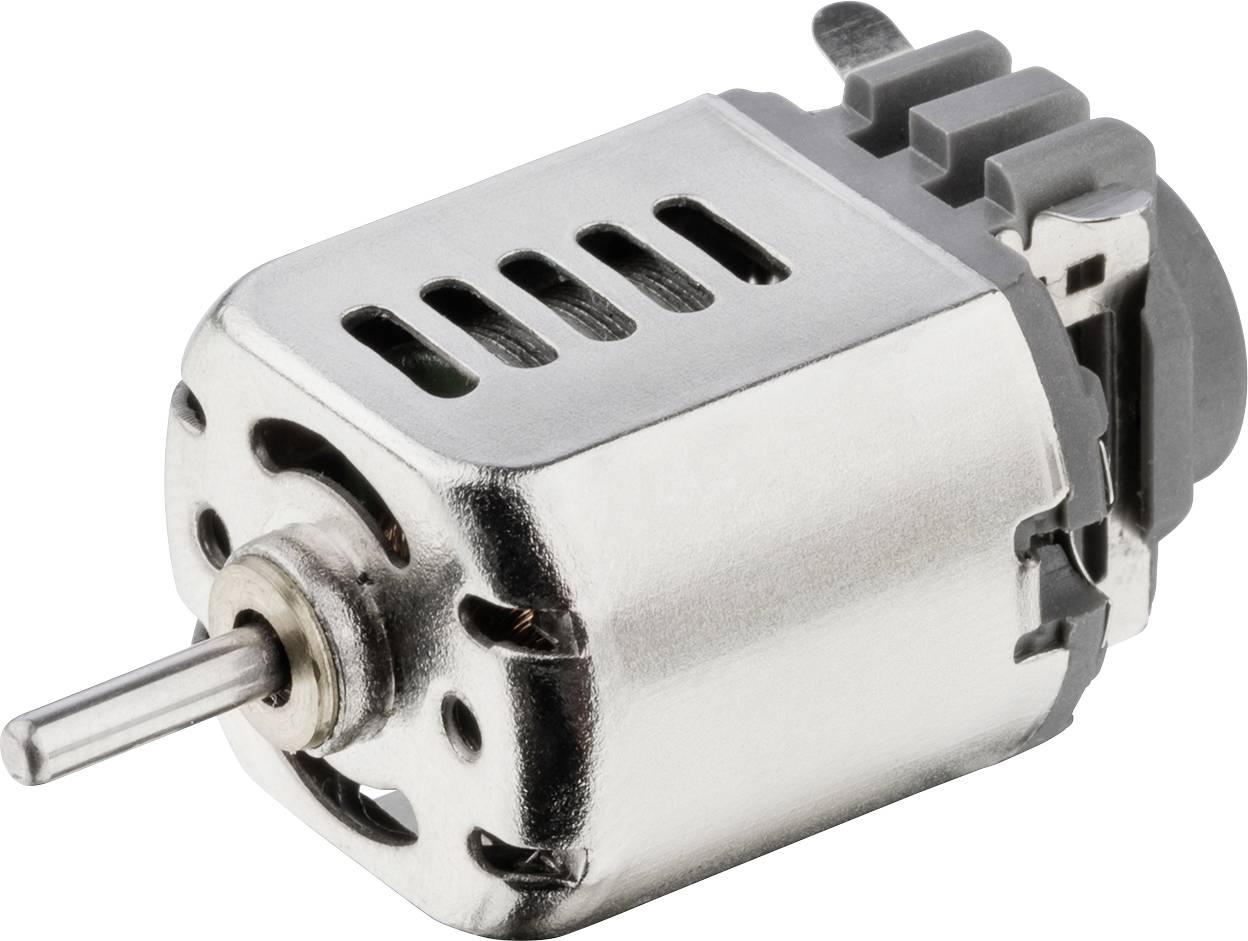 Small direct current motor with metal casing and ventilation slots. Front side shows the drive shaft. Suitable for model making.