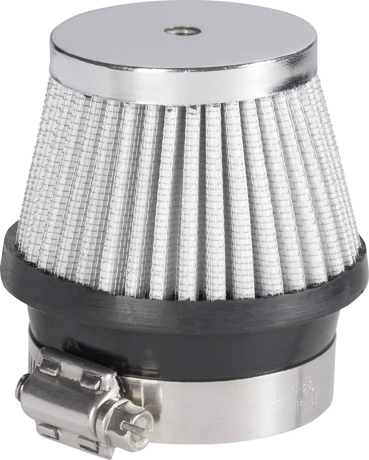 Silver conical air filter with black base and metal clip, suitable for vehicles.