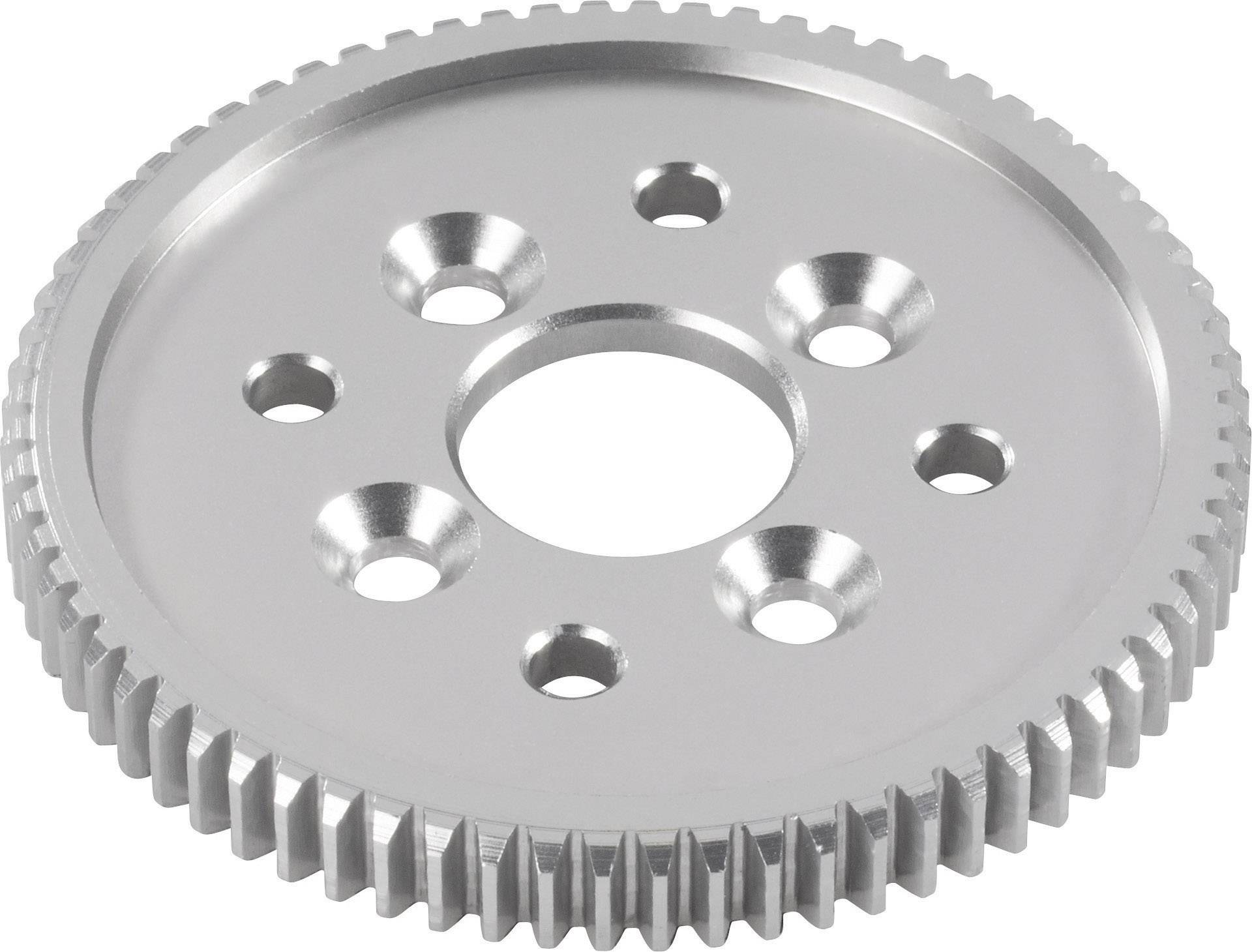 Metal gear wheel, round, with five holes in the centre, and many small teeth around the circumference.
